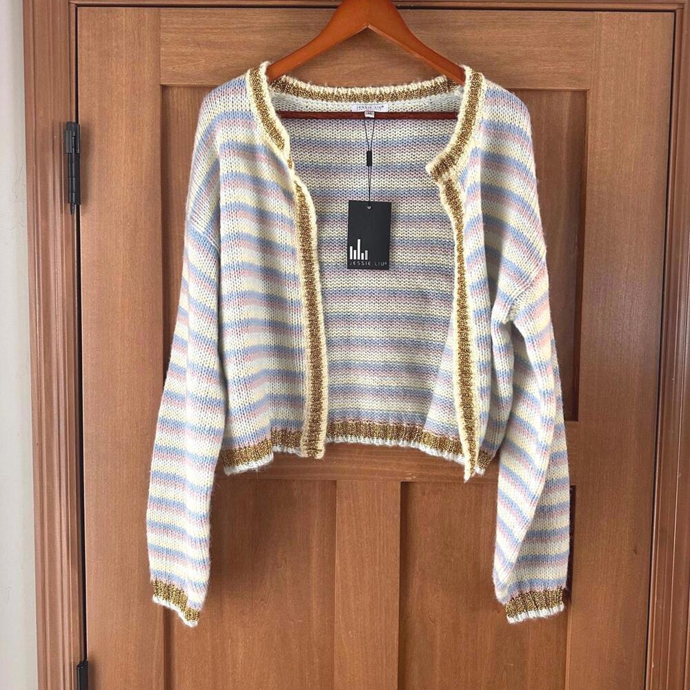 NWT Jessie Liu Wool Blend Knit Cardigan Sweater Metallic Trim Women’s Medium